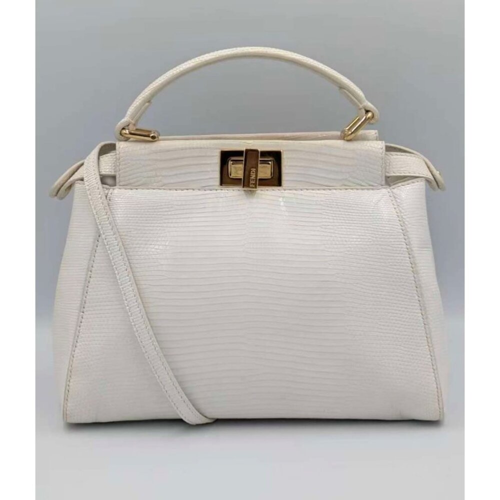 Pre-owned Fendi Peekaboo Lizard Mini Top-handle Bag White